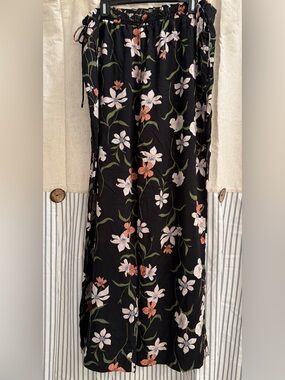Black Floral Lightweight Flowy Beach Pants with Pink & Peach Blooms